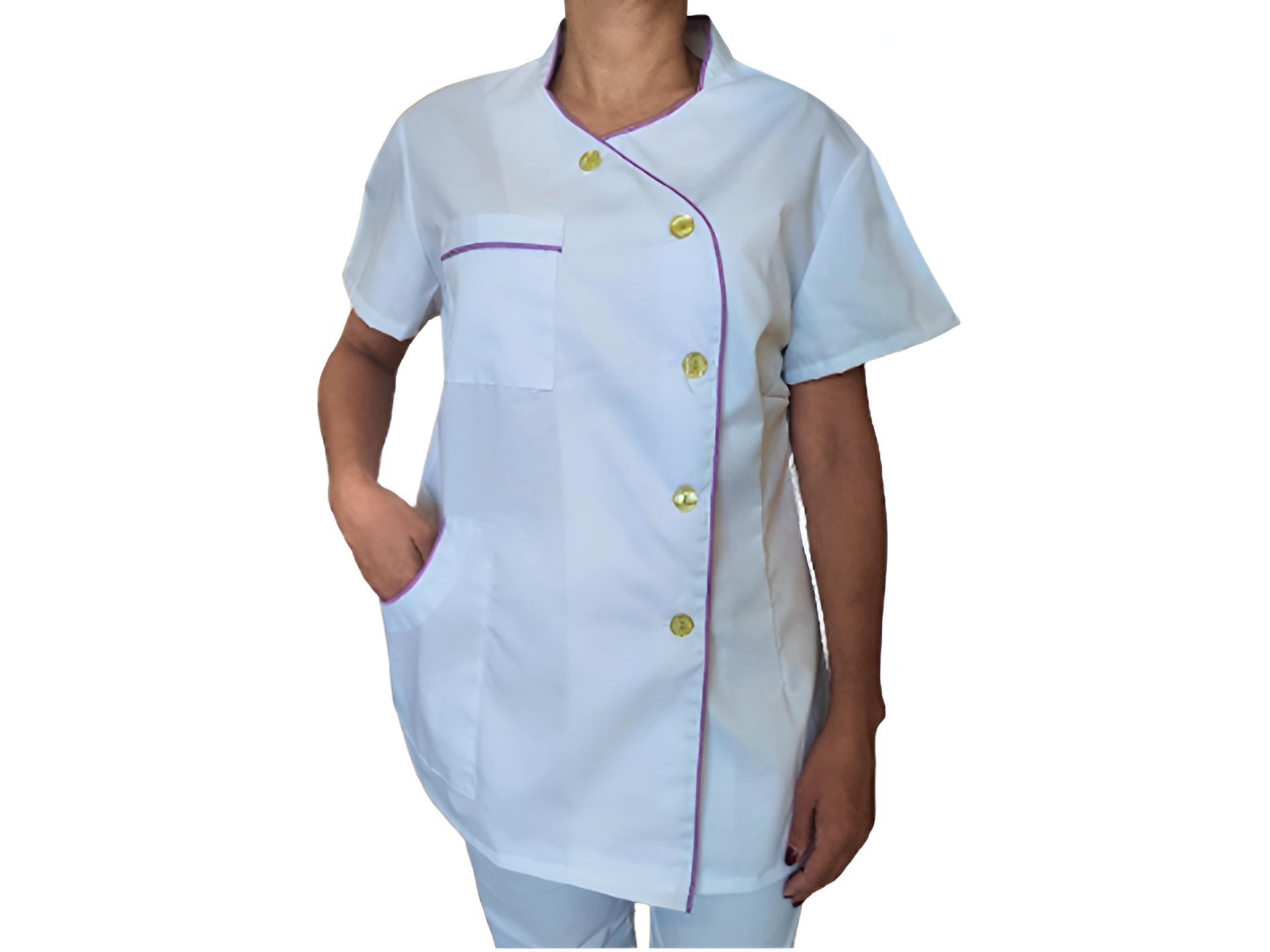 Bata clássica branca com vivo roxo Bata clássica branca com vivo roxo - Lares de Idosos e Clinicas